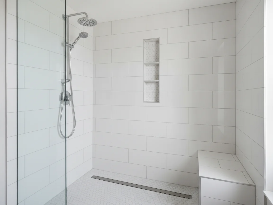 White large-format tile shower with a vertical niche, rain head and slide-bar handheld, a tiled corner bench, a linear drain and a frameless glass panel