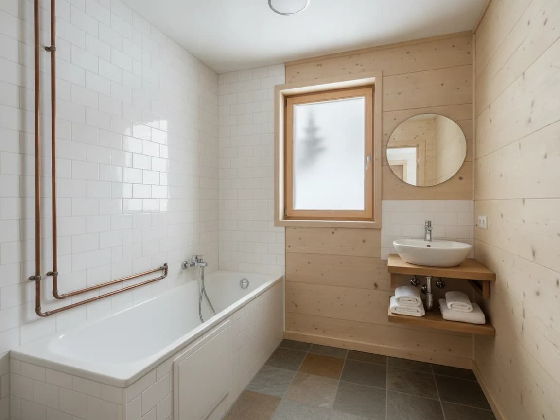 Compact cabin bathroom with a white tub and subway-tile surround, copper supply pipes run on the interior tile wall, pine paneling, a small vessel sink shelf and a frosted window