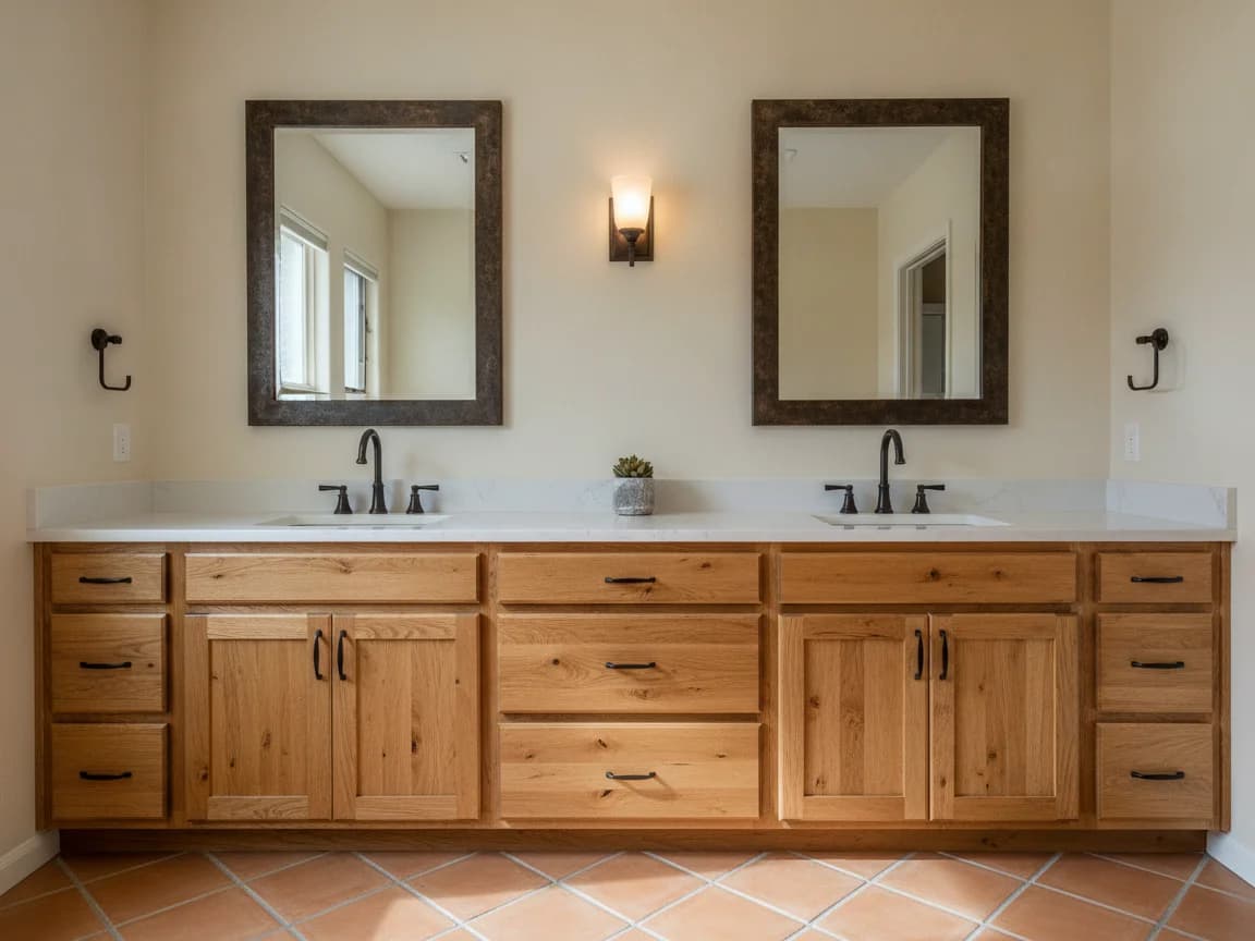 Ranch-style double vanity in rustic alder with a white top and bronze faucets, two dark-framed mirrors, a wall sconce and a terracotta tile floor