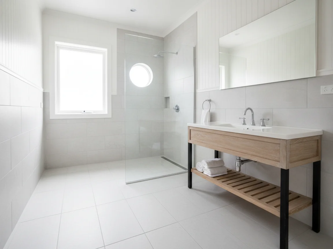 Bathroom with white large-format porcelain, a curbless glass shower, a vanity raised on black metal legs with an open shelf and white plank walls