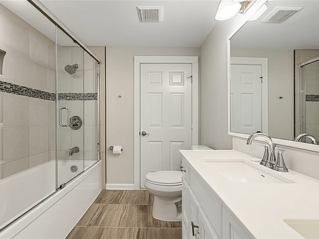 White tub-shower with a frameless sliding glass door and a mosaic accent band beside a white vanity