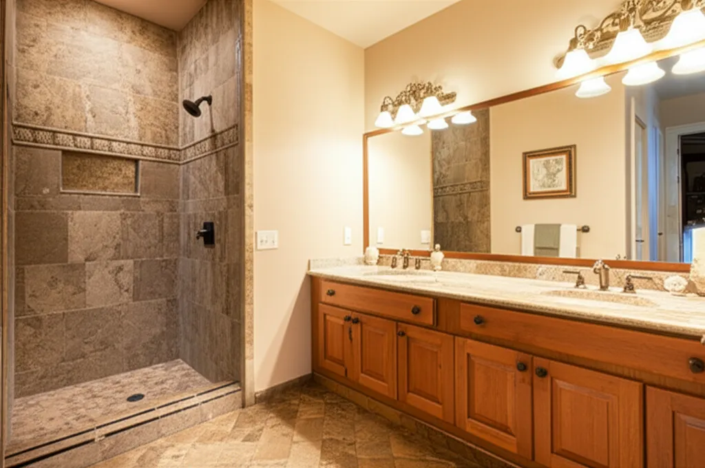 Bright Cameron Park primary bathroom with double vanity, large-format floor tile and frameless glass shower visible in the background