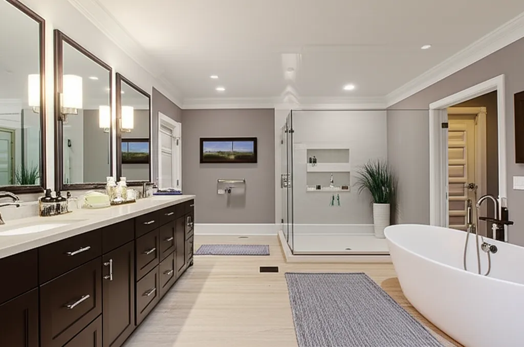 Primary bathroom with a long espresso double vanity and framed mirrors, a freestanding tub and a frameless glass shower with a recessed niche