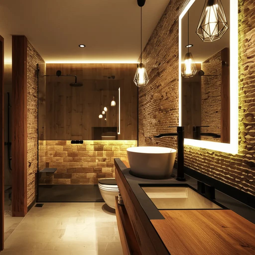 Wood-paneled bathroom with a brick accent wall, a backlit mirror, a white vessel sink and wire pendant lights