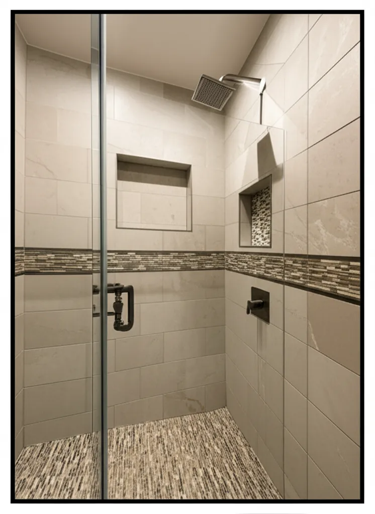 Tiled walk-in shower with a recessed niche, a mosaic accent band and a frameless glass door