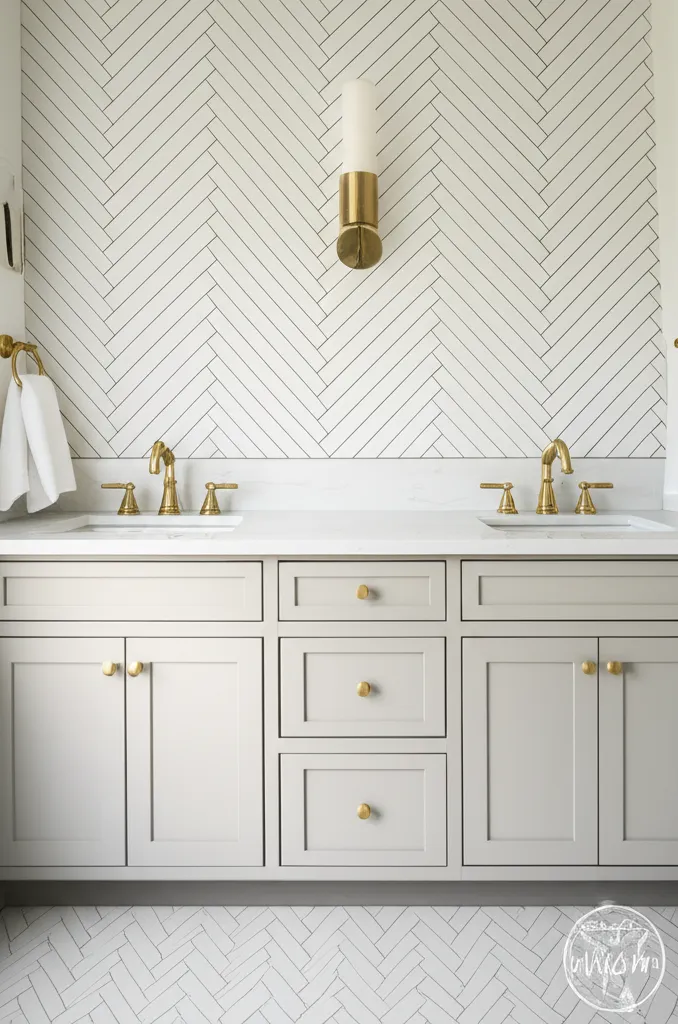 White two-sink vanity with brass faucets and a brass sconce against a white herringbone tile wall