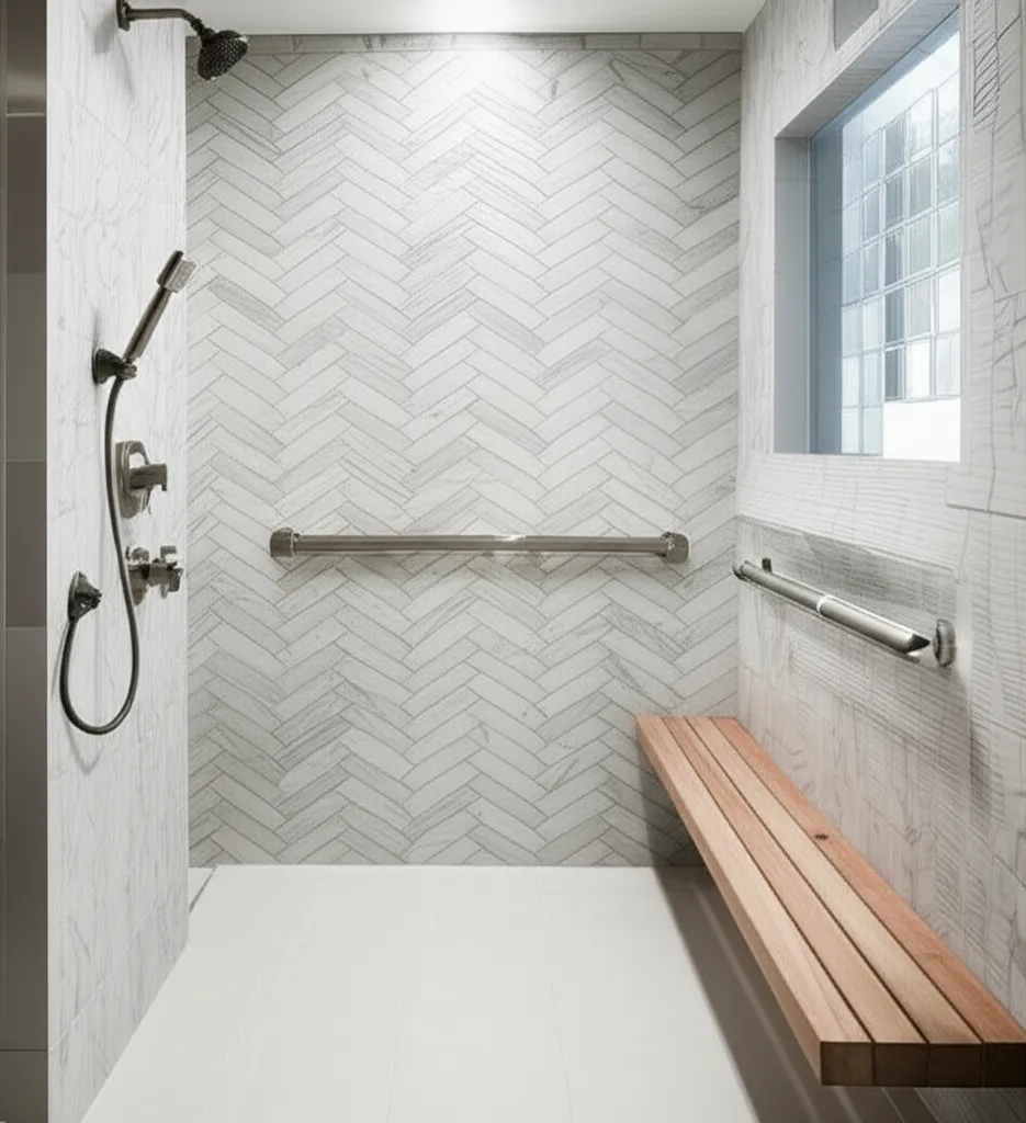 Walk-in shower with white herringbone tile, horizontal grab bars, a wall-mounted teak bench and a hand shower beside a glass-block window