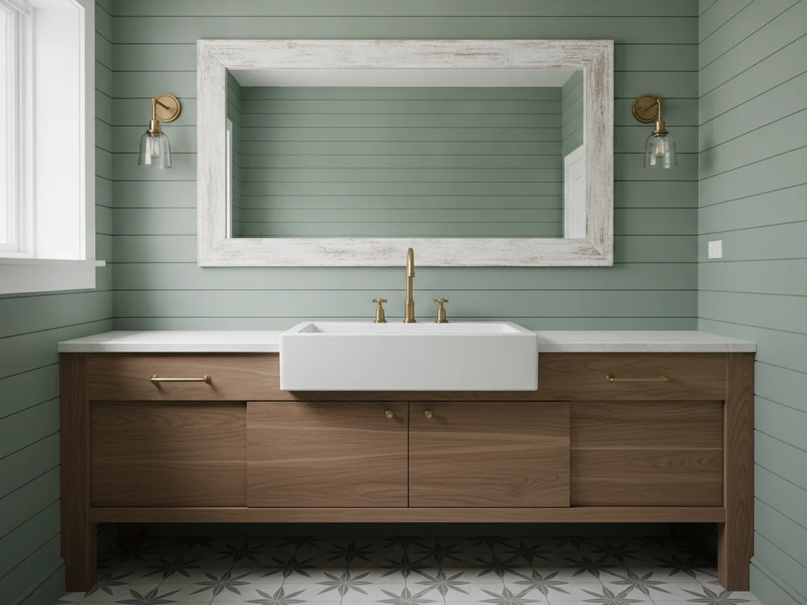 Walnut vanity with a white farmhouse sink, brass faucet and sconces, a whitewashed wood mirror frame, sage green shiplap and patterned floor tile