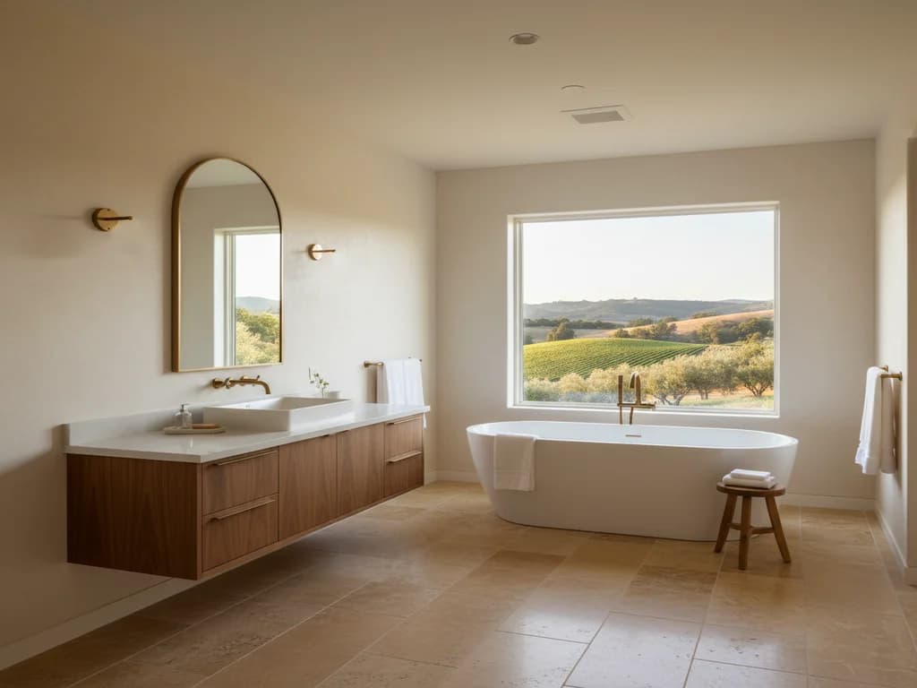 Freestanding tub under a wide window overlooking hills, with a floating wood vanity and an arched mirror