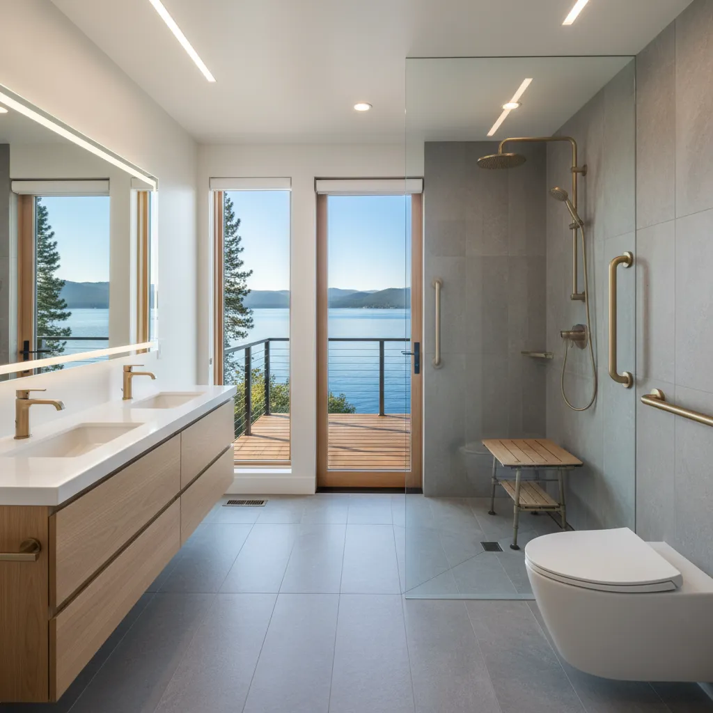 Bright bathroom with a floating light-wood double vanity, a backlit mirror, a walk-in shower with a glass panel, grab bars and a teak bench, a wall-hung toilet and a glass door onto a deck above the lake