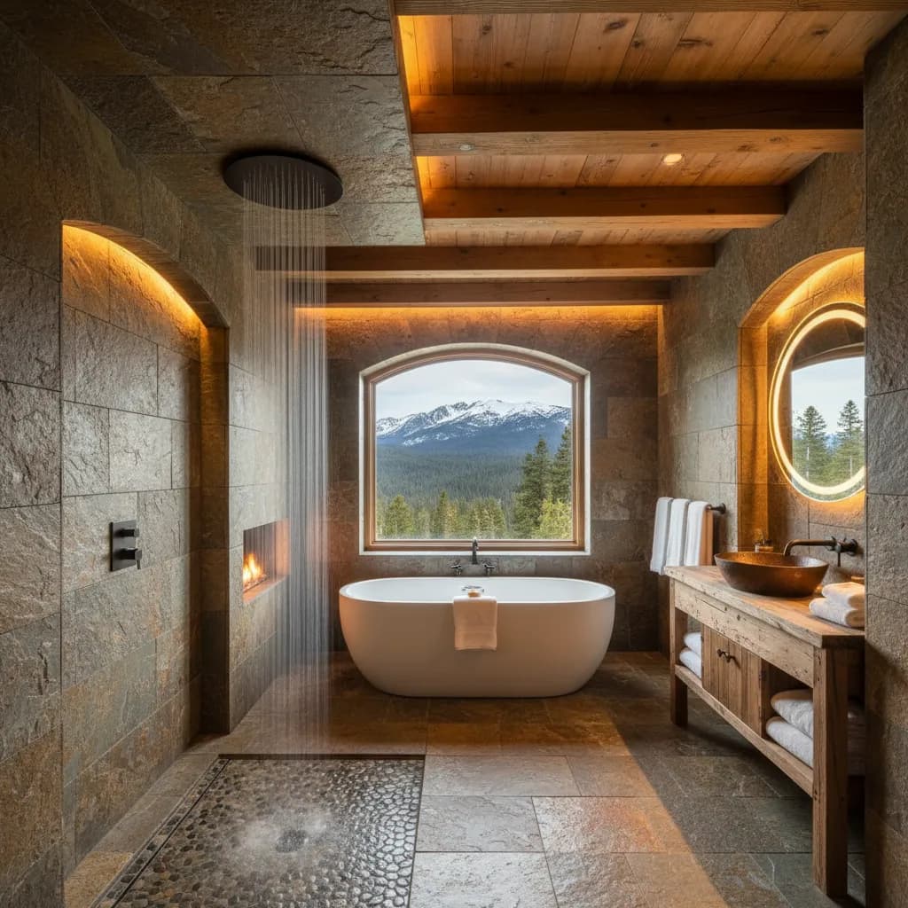 Slate-walled bathroom with a wood ceiling and cove lighting, a freestanding tub under an arched window facing snowy mountains, a pebble-floor shower and a wood vanity