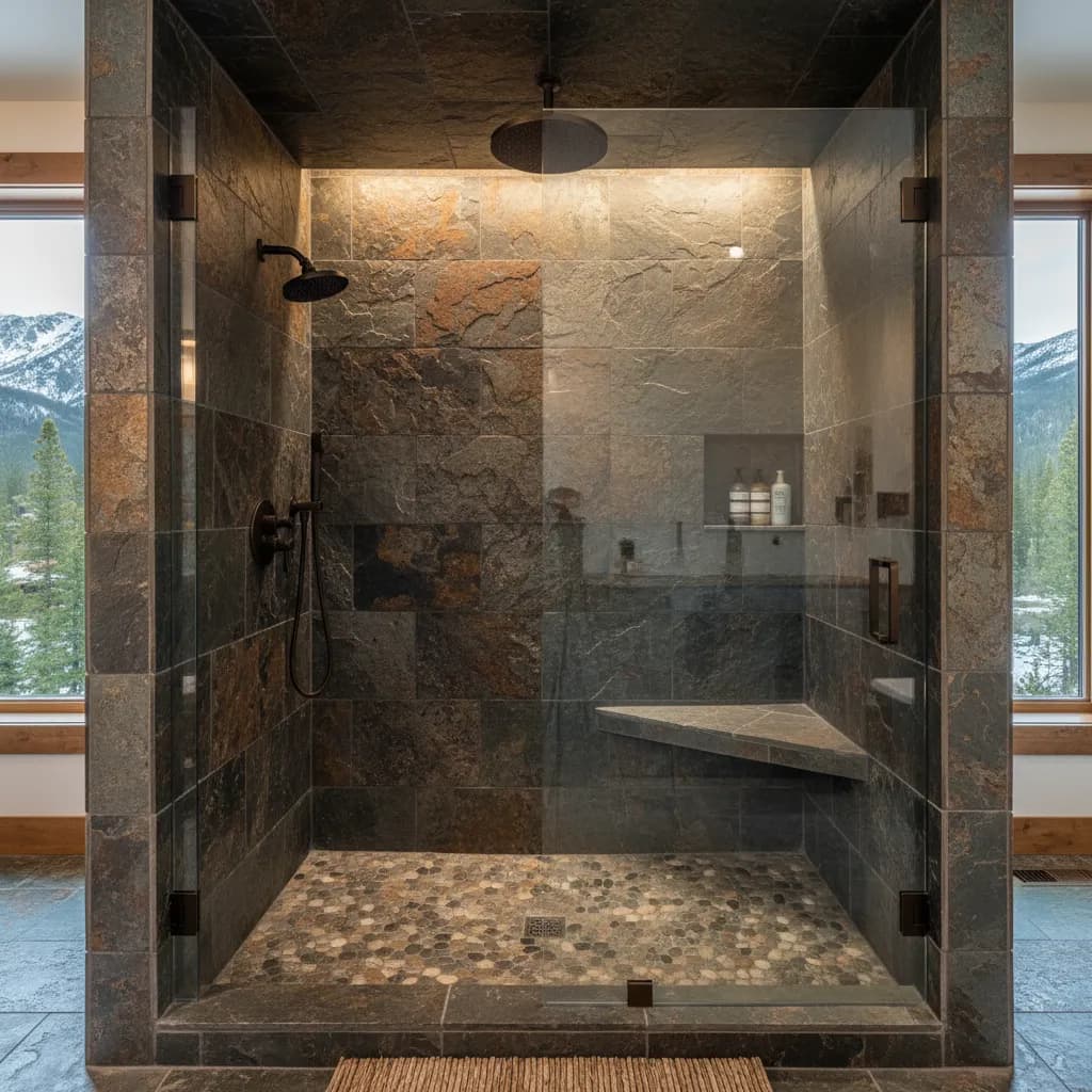 Slate-tile walk-in shower with a pebble floor, a corner bench and a rain head inside a glass enclosure between two windows