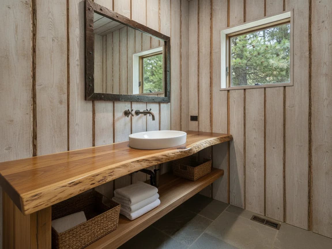 Rustic vanity with a live-edge wood counter, a white vessel sink and bronze wall faucet, a wood-framed mirror, board walls, woven baskets and towels on the shelf below, and a small window onto pines