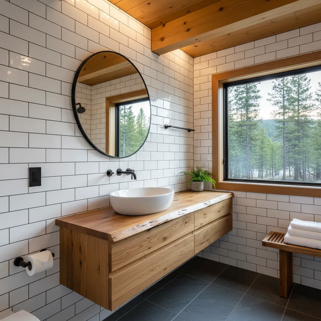 White subway-tile bathroom with a vessel sink on a live-edge wood floating vanity, a round mirror and a window to pine trees