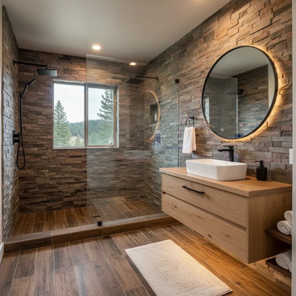 Stacked-stone accent wall with a round lighted mirror, a floating wood vanity and a glass shower beside a window
