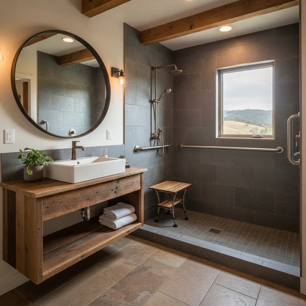 Wood vanity with a vessel sink and open shelves under a round mirror, beside a low-threshold dark-tile shower with a grab bar and a stool