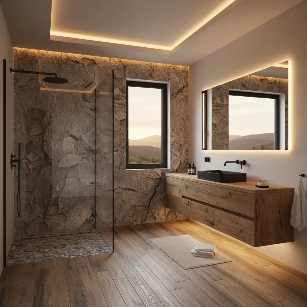 Bathroom with a stone-textured walk-in shower behind a glass panel, a window onto foothills, a floating wood vanity with a dark vessel sink, a backlit mirror and cove lighting