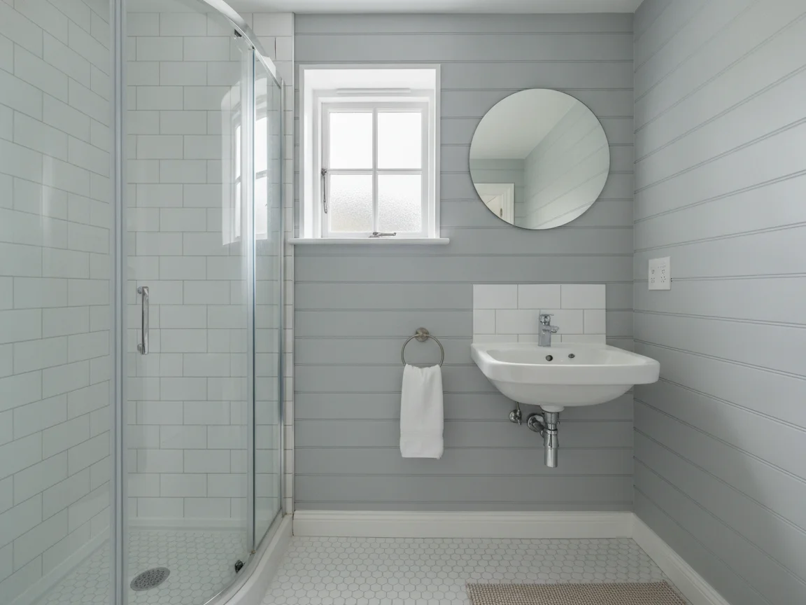 Compact bathroom with a glass corner shower in white subway tile, a wall-mounted sink, a round mirror, gray shiplap walls, a white hexagon tile floor and a small window