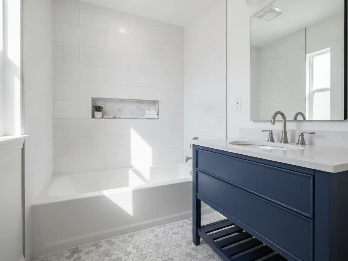 Hall bathroom with a white tub, large white wall tile with a niche, a navy blue vanity with a white top and brushed nickel faucet, and hexagon floor tile