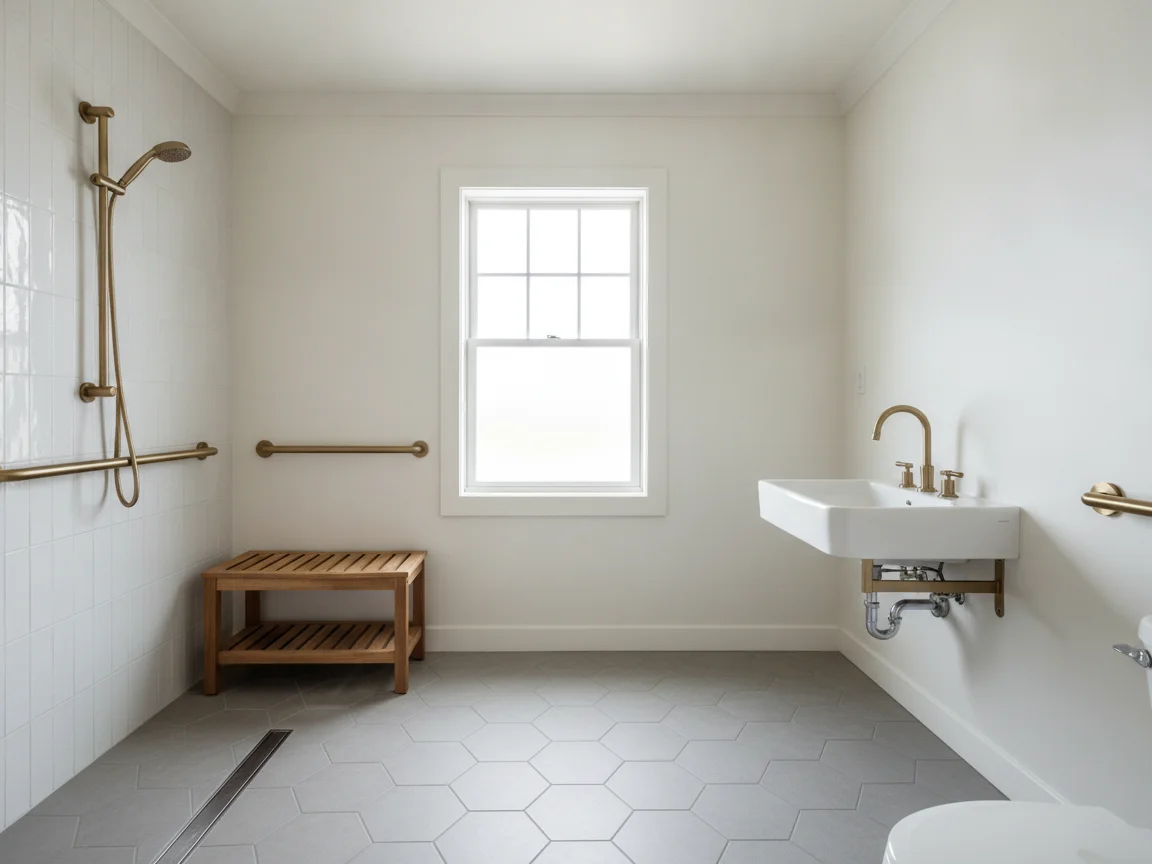 Accessible bathroom with a curb-free shower and linear drain, grab bars, a brass handheld shower on a slide bar, a teak bench and a wall-mounted sink