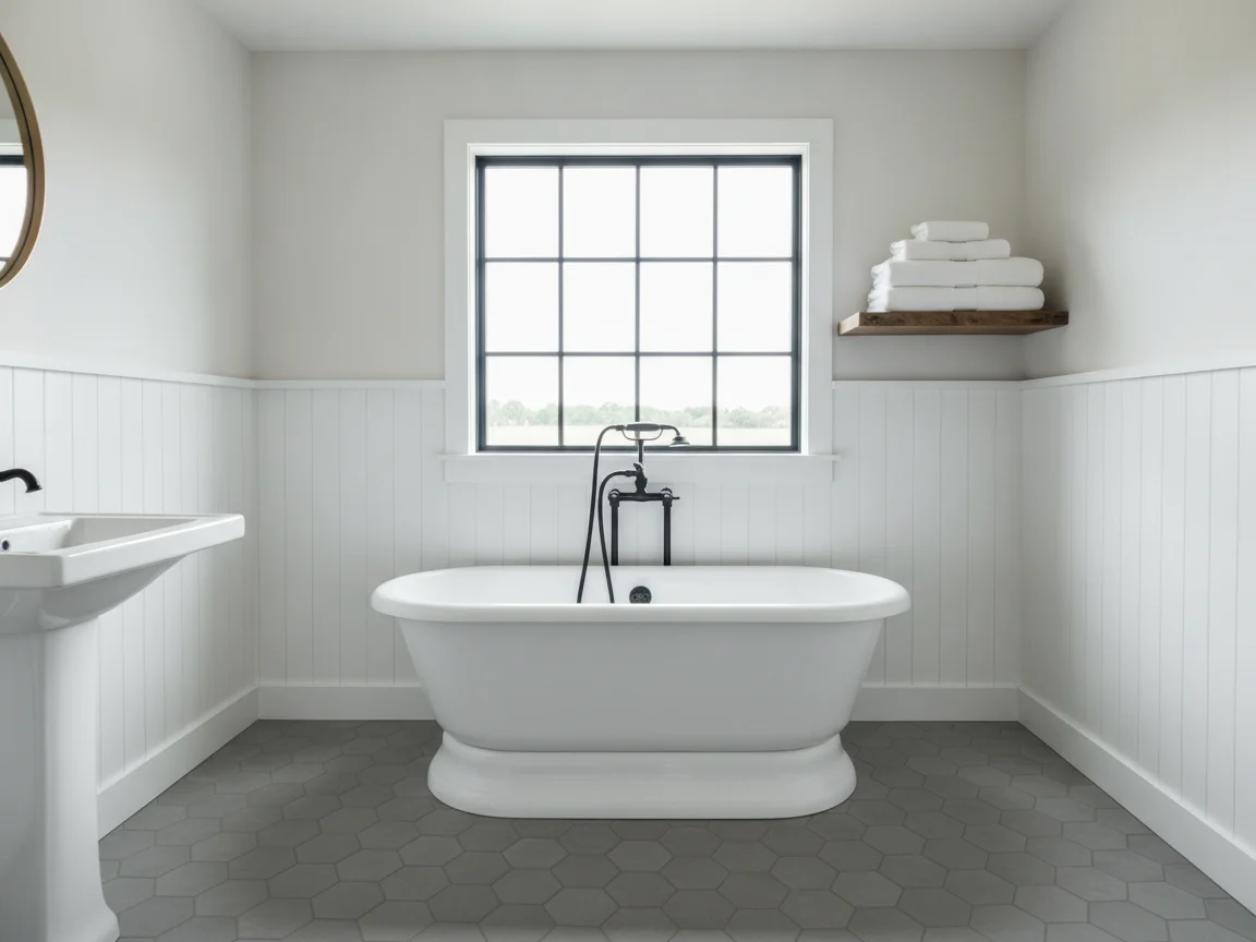 Farmhouse bathroom with a freestanding white tub and black floor-mounted filler on gray hexagon tile, white board-and-batten walls, a pedestal sink, a wood shelf with folded towels and a black-grid window
