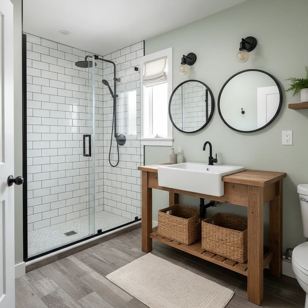 White subway-tile shower behind glass next to a wood console sink with baskets and two round mirrors
