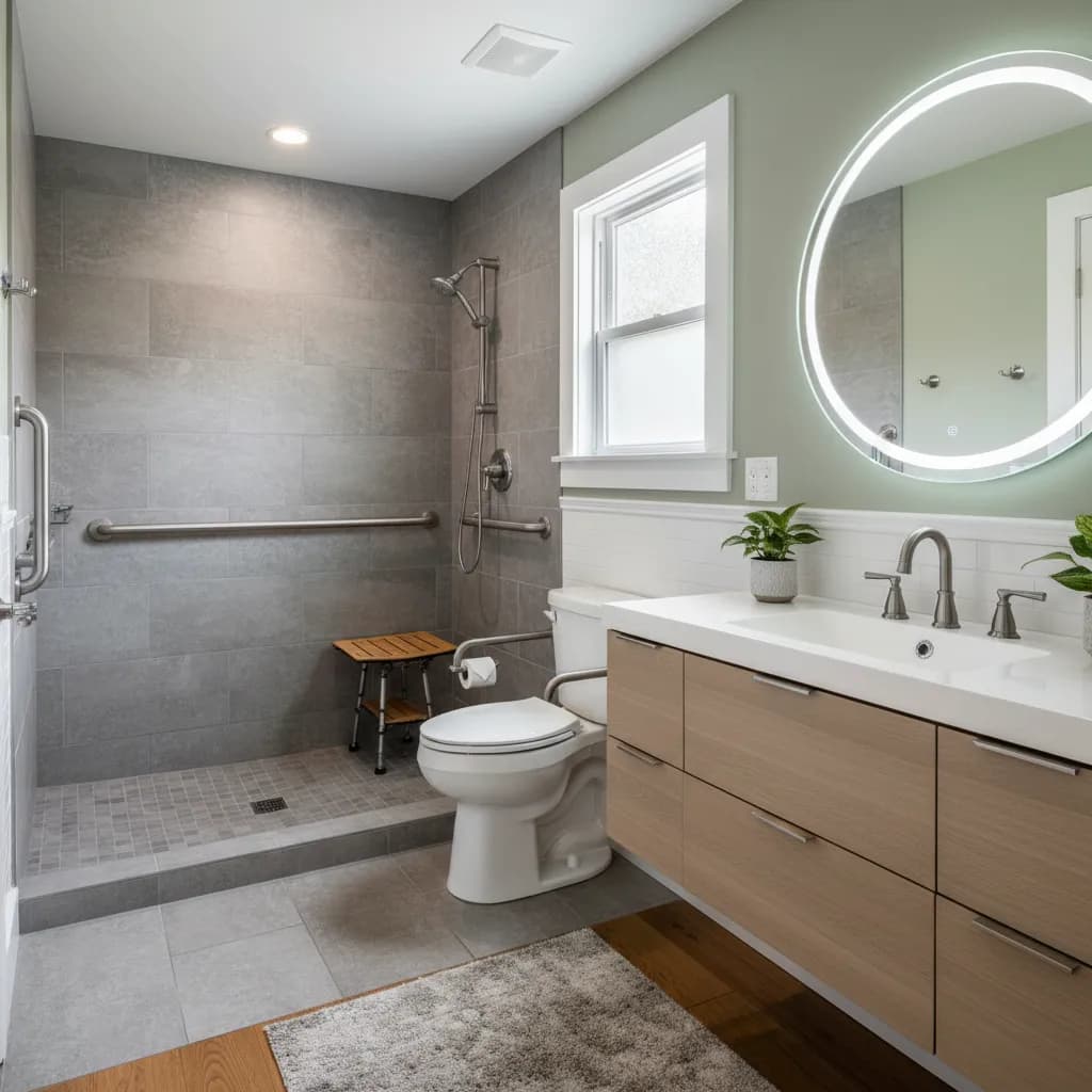 Dunnigan bathroom tub-to-shower conversion: open walk-in shower with a linear drain, matte black trim and large-format tile walls replacing a former tub alcove