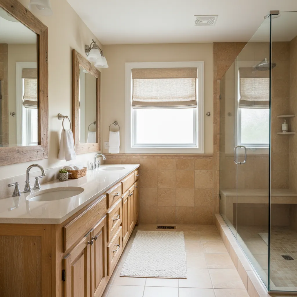 Honey-oak vanity under a window with a roman shade, beige tile and a glass shower with a built-in bench