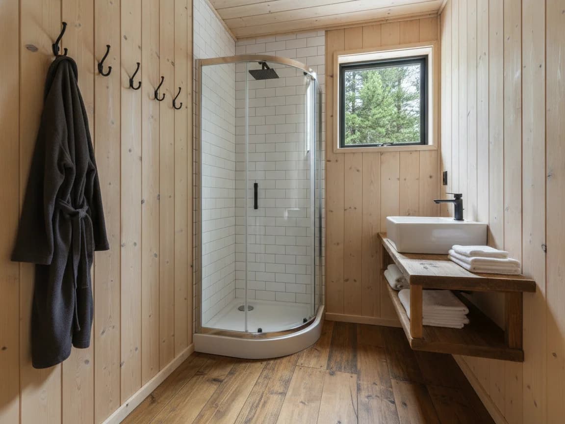 Small cabin bathroom with a corner shower in white subway tile behind a curved glass door, pine plank walls, a vessel sink on a floating wood shelf, robe hooks and a wide-plank floor
