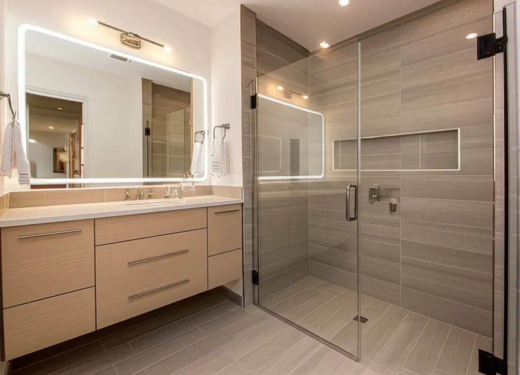Bathroom with a floating light-oak vanity, a backlit mirror and a walk-in shower lined with wood-look porcelain tile and a long recessed niche