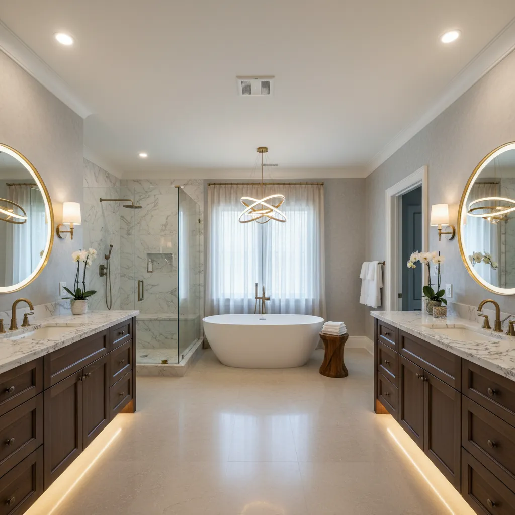 Primary bathroom with facing dark wood double vanities and marble tops, round brass mirrors, a freestanding tub beneath a sculptural chandelier and a marble-look glass shower