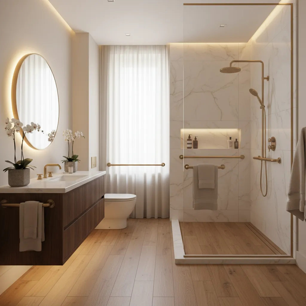 Bathroom with a floating dark wood vanity and round backlit mirror, and a marble-look walk-in shower with brushed brass grab bars, a rain head, a handheld shower and a lighted niche