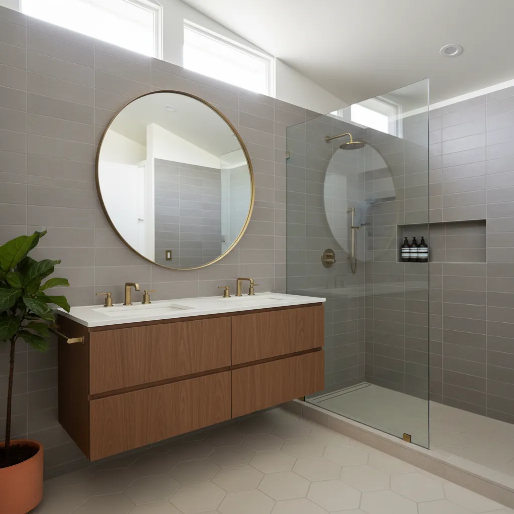 Gray large-format tile shower with frameless glass beside a floating walnut vanity and a round mirror