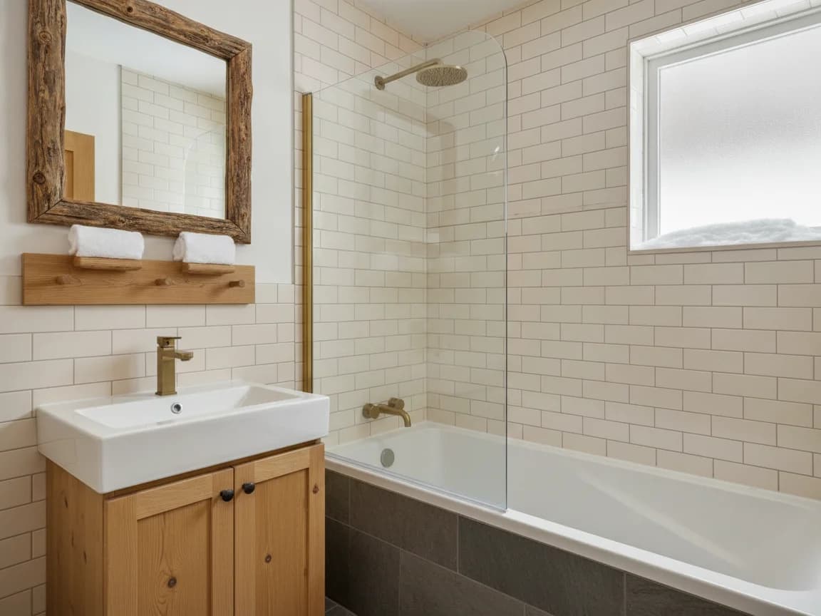 Winter cabin bathroom with a tub and shower in cream subway tile behind a glass panel with brass fixtures, a log-framed mirror, a knotty pine vanity with a white sink, a wood towel shelf and a frosted window with snow