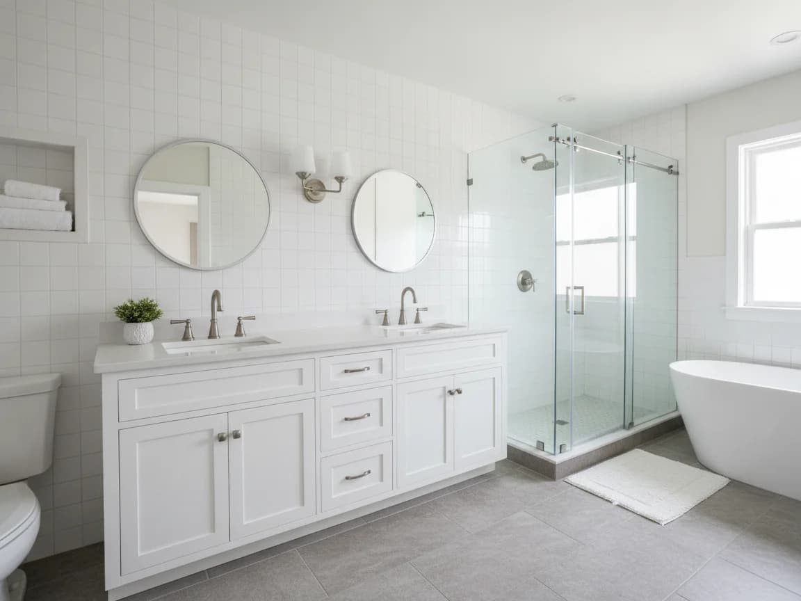 White shaker double vanity with round mirrors and satin nickel faucets beside a sliding glass shower and a freestanding tub on gray tile