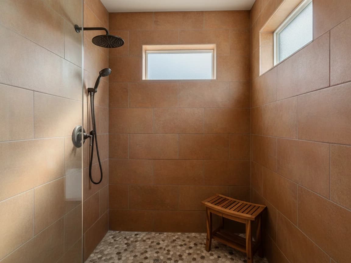 Walk-in shower tiled in terracotta-toned porcelain with a rain head, handheld sprayer, teak bench and pebble floor