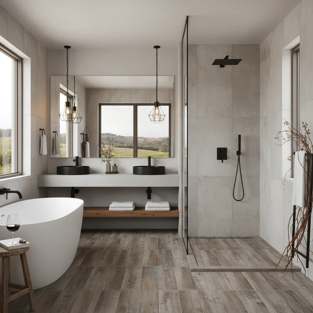 Bathroom with a glass shower and matte black fixtures, a floating double vanity with black vessel sinks under pendant lights, and a freestanding tub by a window to the hills
