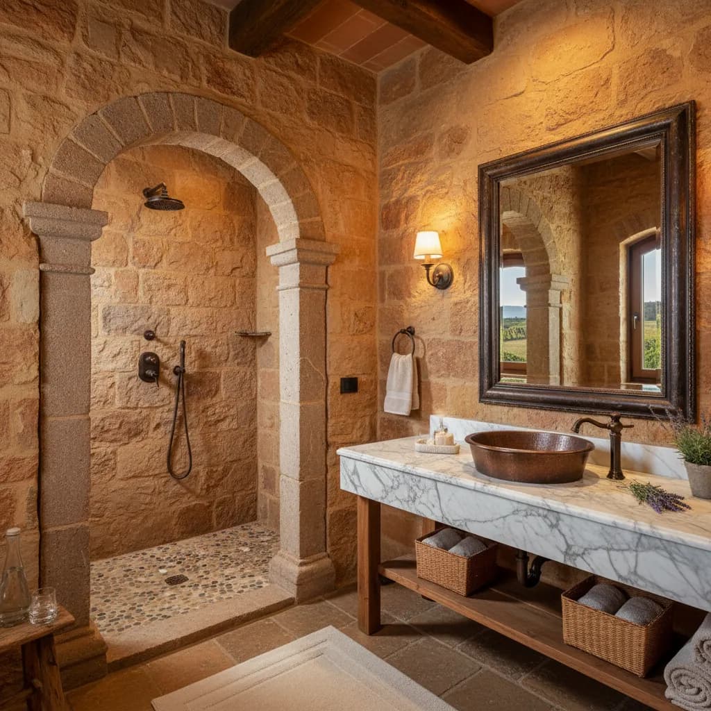 Bathroom with an arched stone shower entry, copper vessel sinks on a marble-topped wood vanity and a round mirror