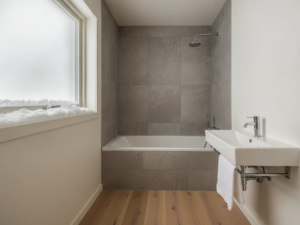 Compact bathroom with a tub in a large gray stone-look tile surround, a wall-hung sink with a towel bar, a wide-plank wood floor and a frosted window with snow on the sill