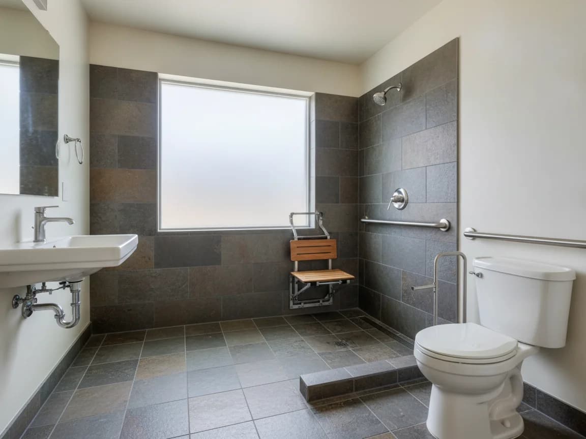 Accessible bathroom with a curbless shower in gray slate-look tile, a fold-down teak seat and grab bars, a wall-mounted sink and a toilet with a grab bar beside a frosted window