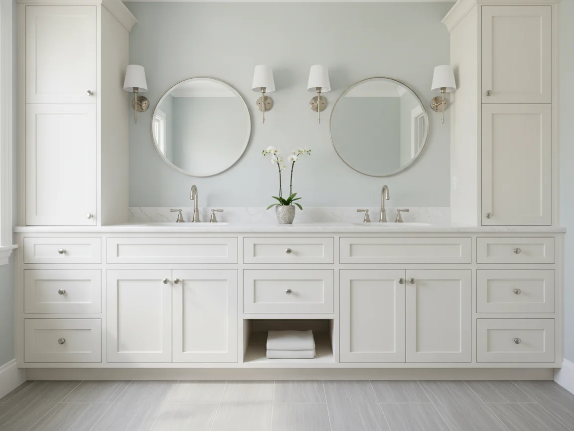 Long white double vanity with drawers and an open shelf, two round mirrors, four wall sconces, tall linen cabinets and light gray floor tile
