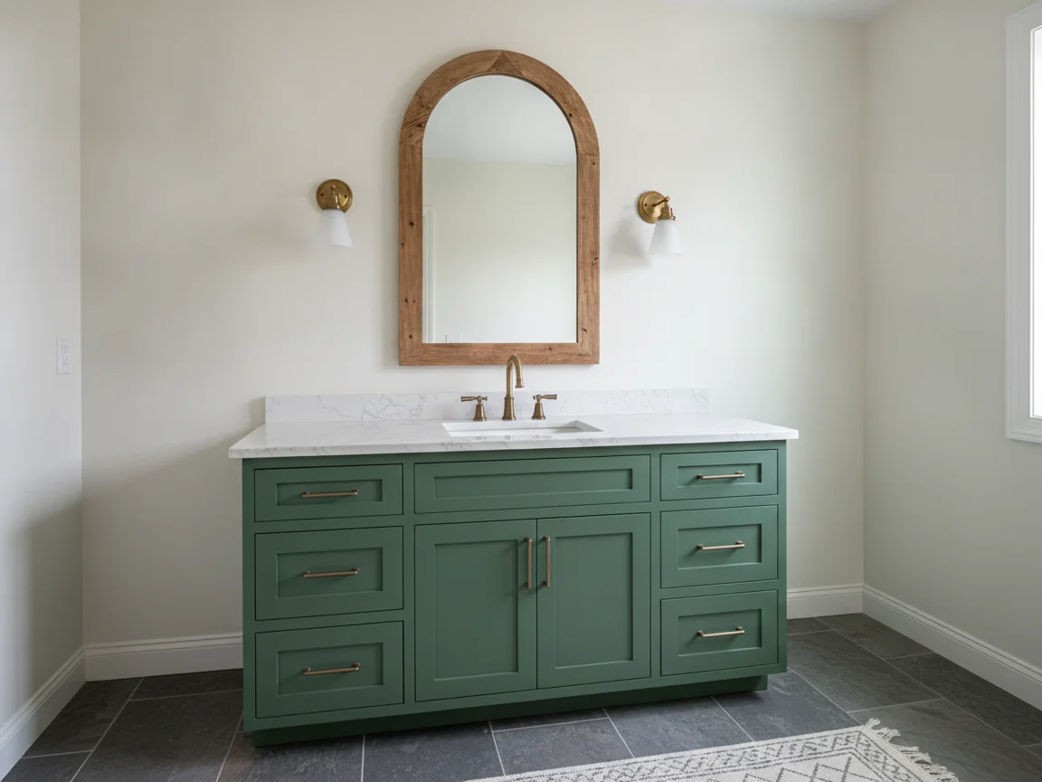 Forest green shaker vanity with a white marble-look top and brass faucet, an arched wood mirror, two brass wall sconces and a slate-look tile floor
