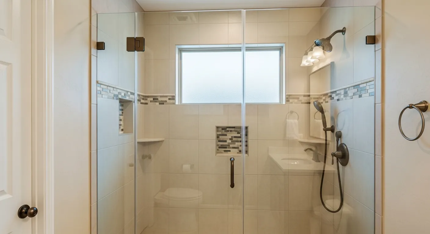 Frameless glass walk-in shower with polished chrome fixtures, large-format white tile, and a clear glass panel free of mineral spotting