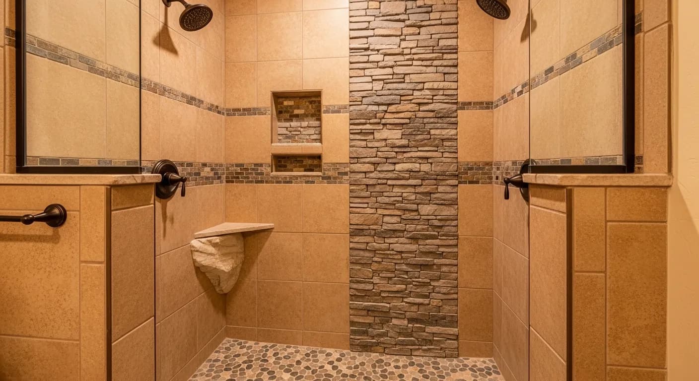 Tan tiled walk-in shower with a stacked stone accent column, a mosaic accent band, a recessed niche, a corner shelf and a pebble floor, entered between low tiled walls