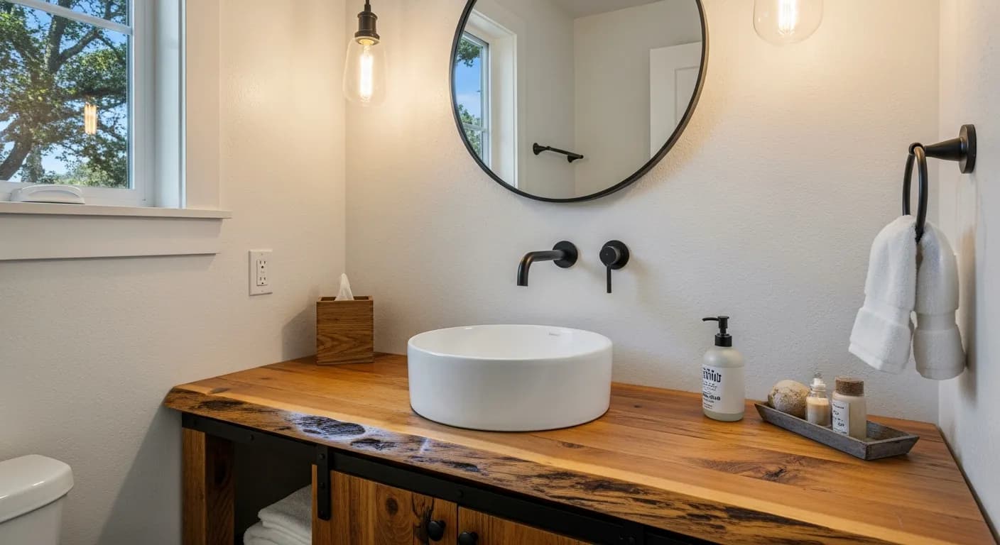 Rustic-modern bathroom vanity with a live-edge wood shelf, a white undermount sink, matte black faucet and hardware, and textured plaster walls