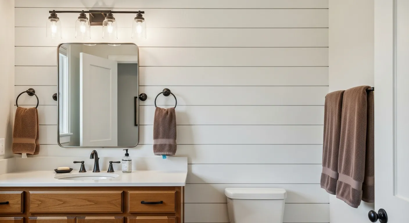 Bathroom with shiplap accent wall behind the vanity, a white vessel sink, round mirror and warm pendant lighting