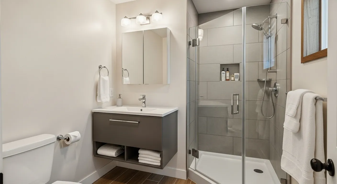Compact bathroom with a floating gray vanity, a mirrored medicine cabinet and a glass corner shower with gray tile and a recessed niche