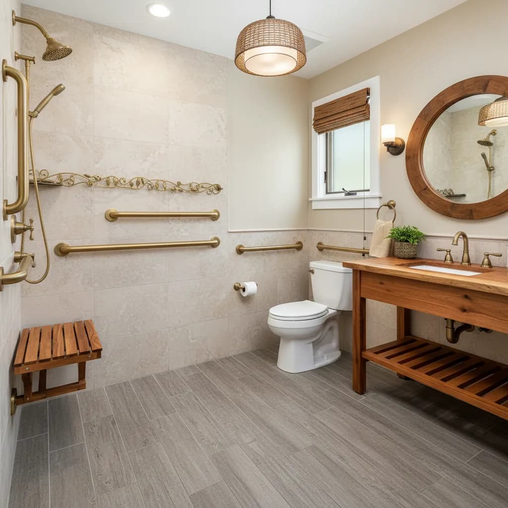 Open accessible shower area with stone-look tile, brushed brass grab bars and a handheld shower on a slide bar, a fold-down wood bench, a wood vanity with brass faucet and a round wood-framed mirror