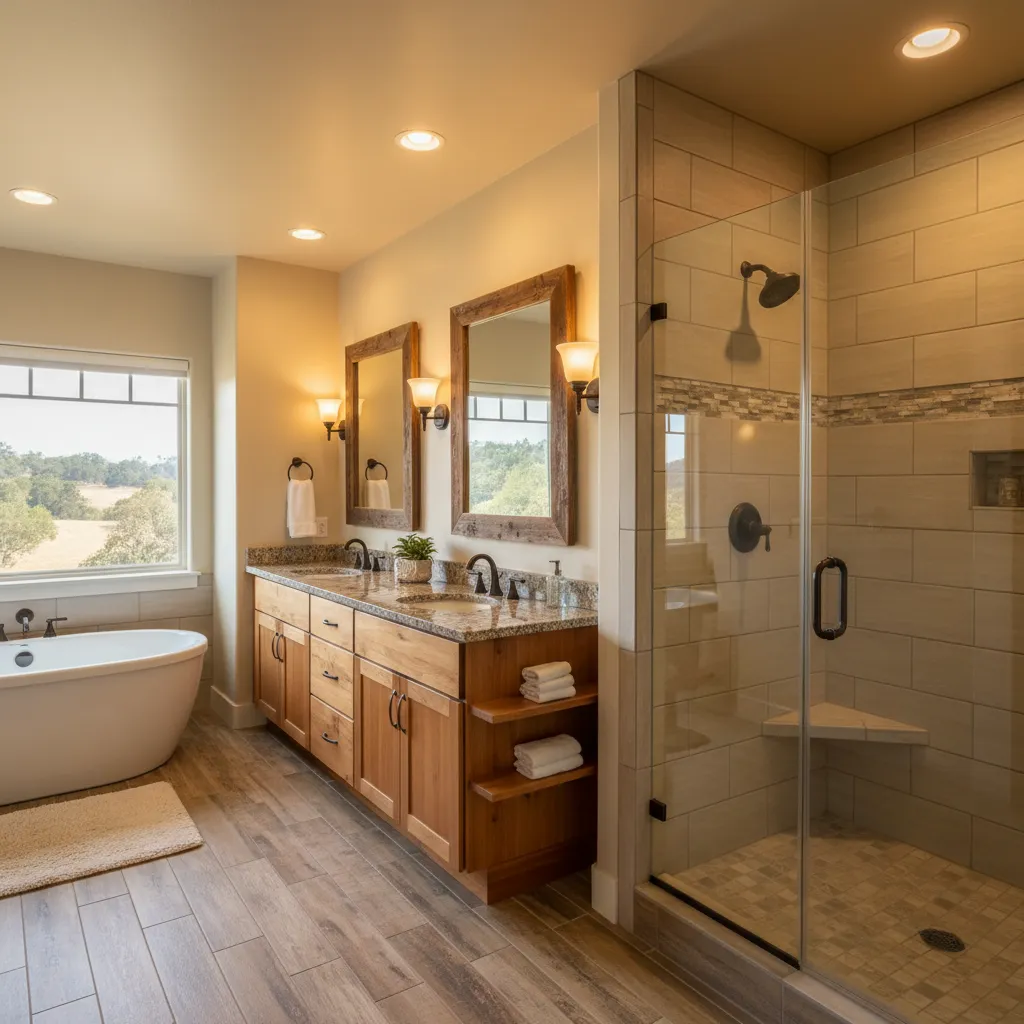Bathroom with a freestanding tub under a window, a wood double vanity with a tan counter and a glass shower with tile accents