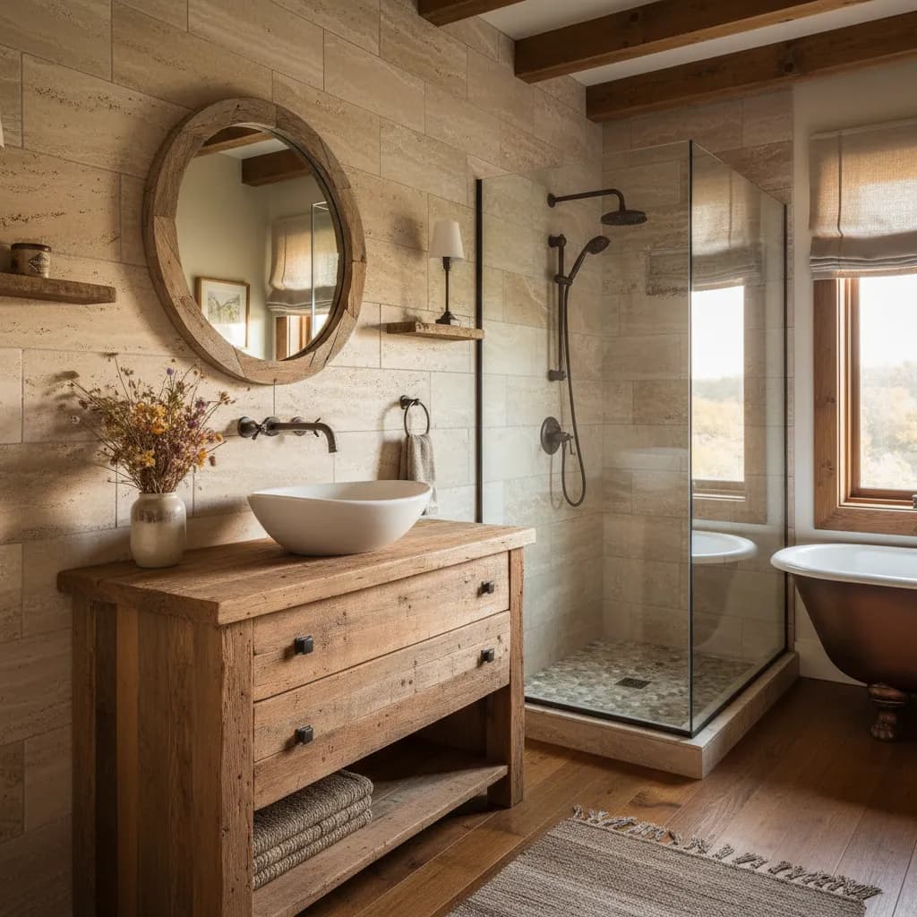 Rustic bathroom with a reclaimed wood vanity and vessel sink, a round wood-framed mirror, travertine-look walls, a glass shower with a pebble floor, a copper clawfoot tub and exposed wood beams